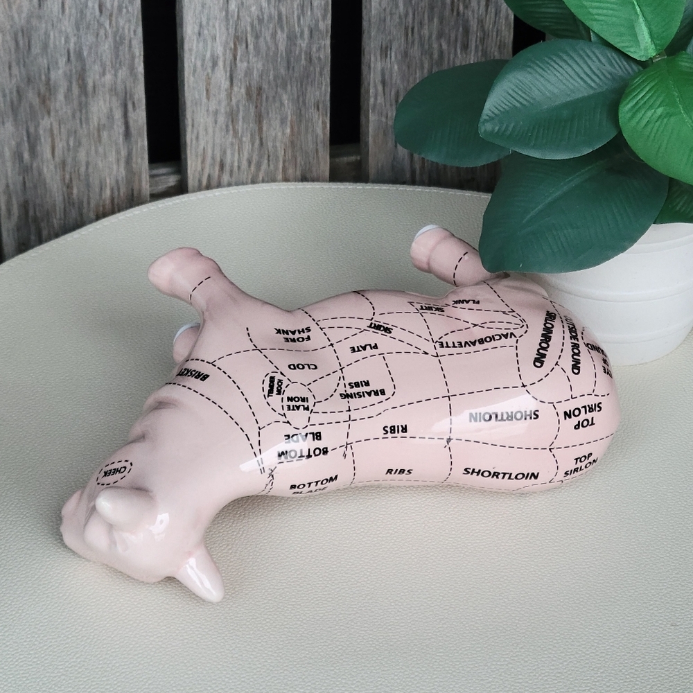 Beef Butcher Whimsical Pink Ceramic Cow Sculpture Outlined Cuts Chart - Picture 6 of 7